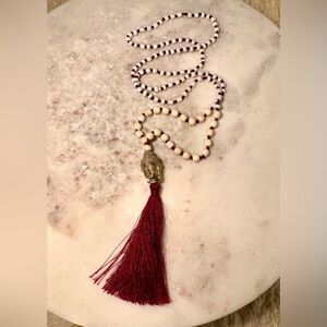 Cream and Red Beaded Necklace with Tassel